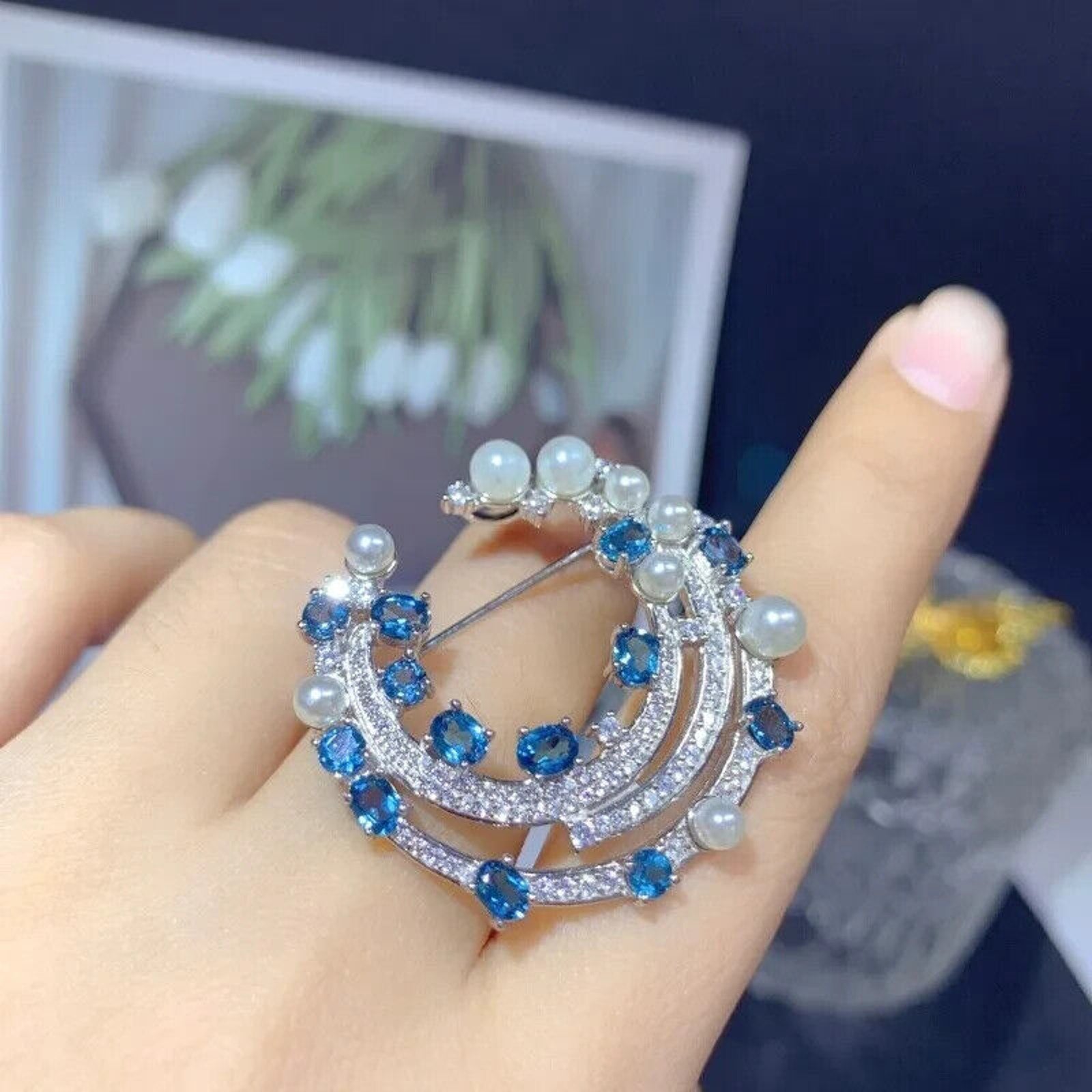 London Blue Topaz and Faux Pearl Brooch Pin, Blue Topaz Brooch Sterling Silver