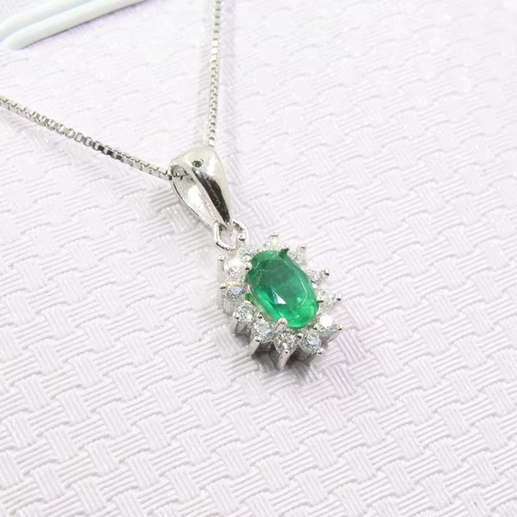 Natural Emerald Pendant Necklace, Genuine Emerald Necklace Sterling Silver 4x6mm