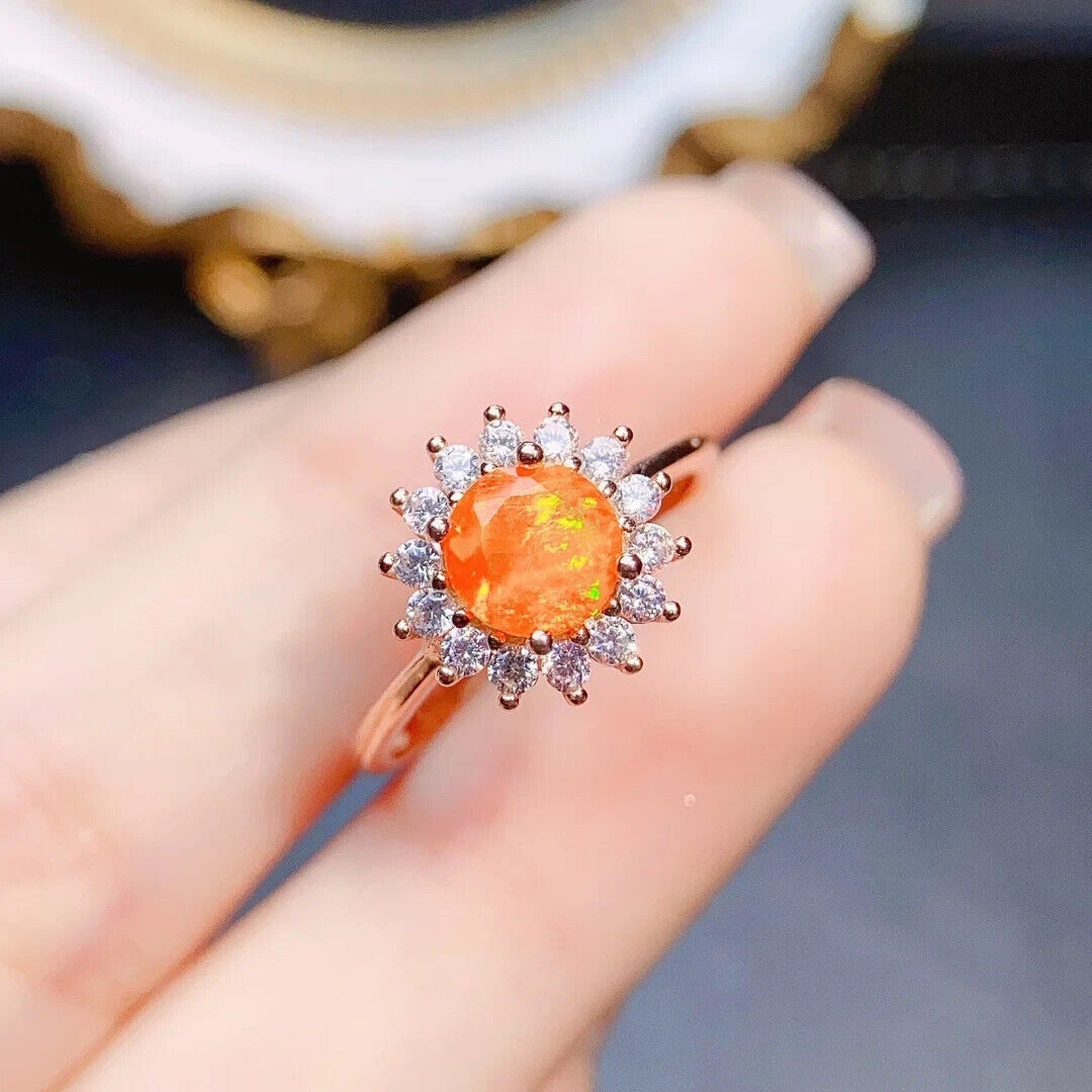 Orange Fire Opal Cocktail Ring 6mm, Natural Orange Opal Statement Ring