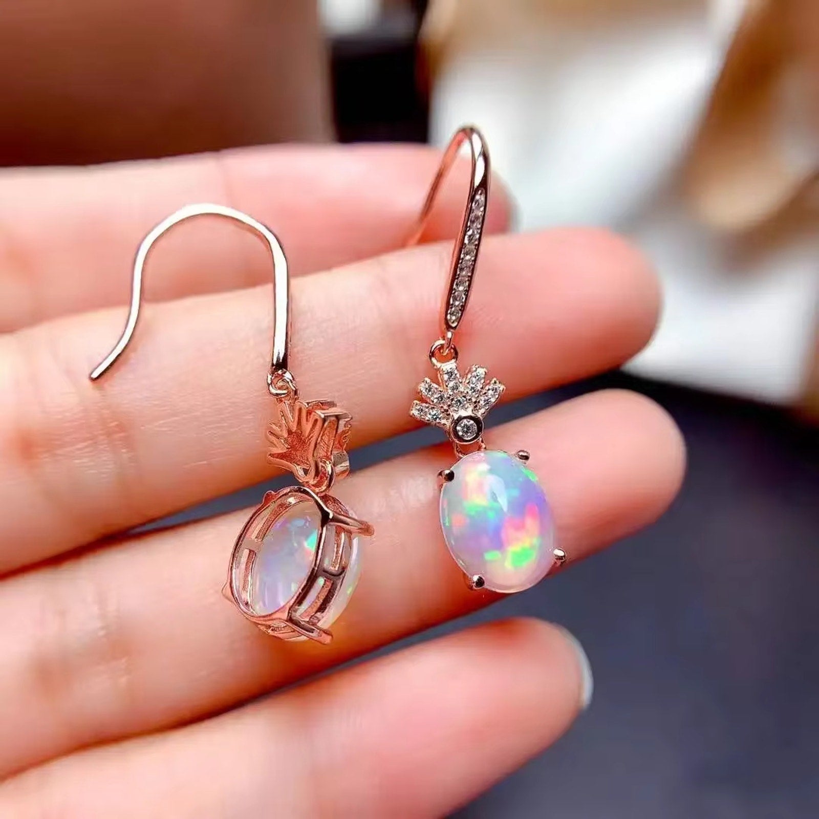 Natural Fire Opal Earrings 6x8mm Sterling Silver