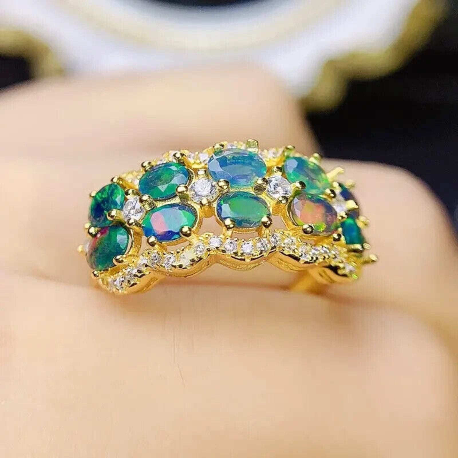 Colorful Black Fire Opal Band Ring 3x4mm, Natural Fire Opal Band Ring