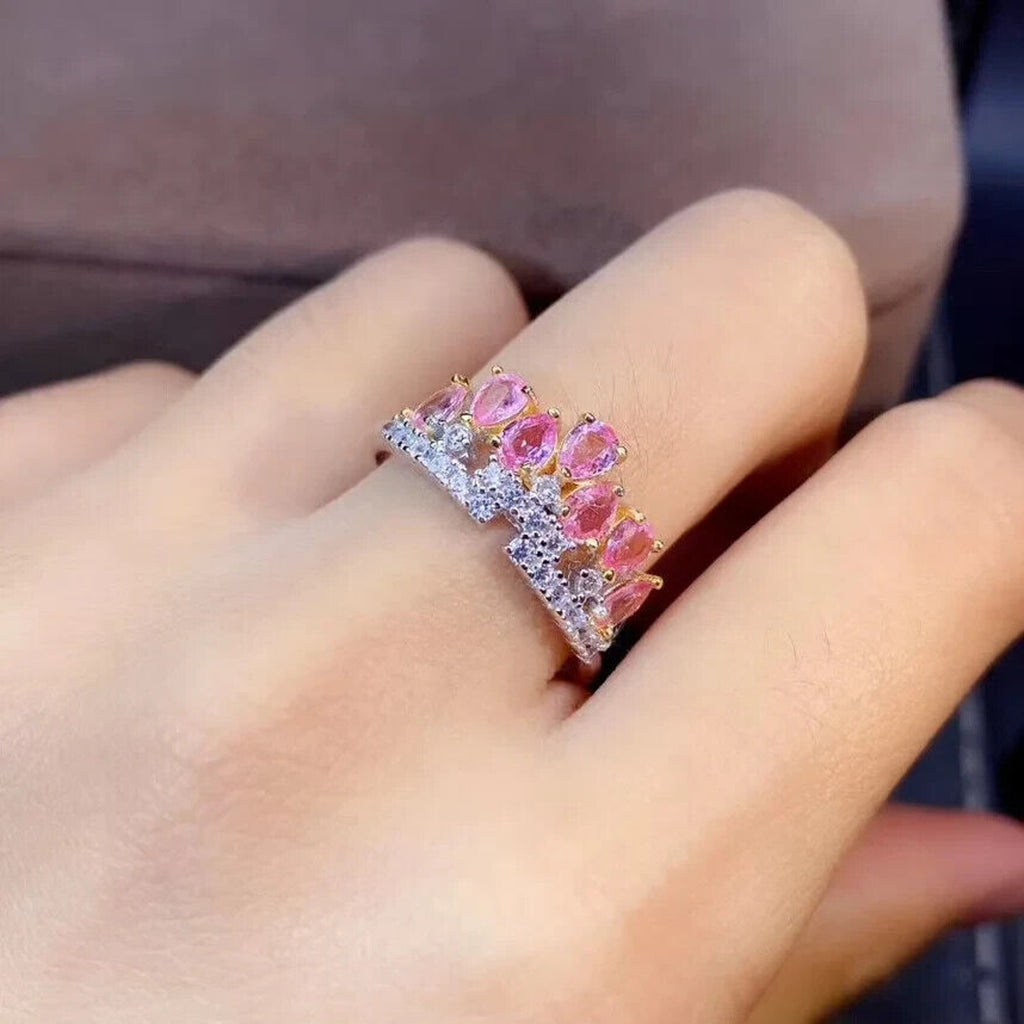 Natural Pink Sapphire Crown Ring, Sapphire Ring 18k White Gold Plated