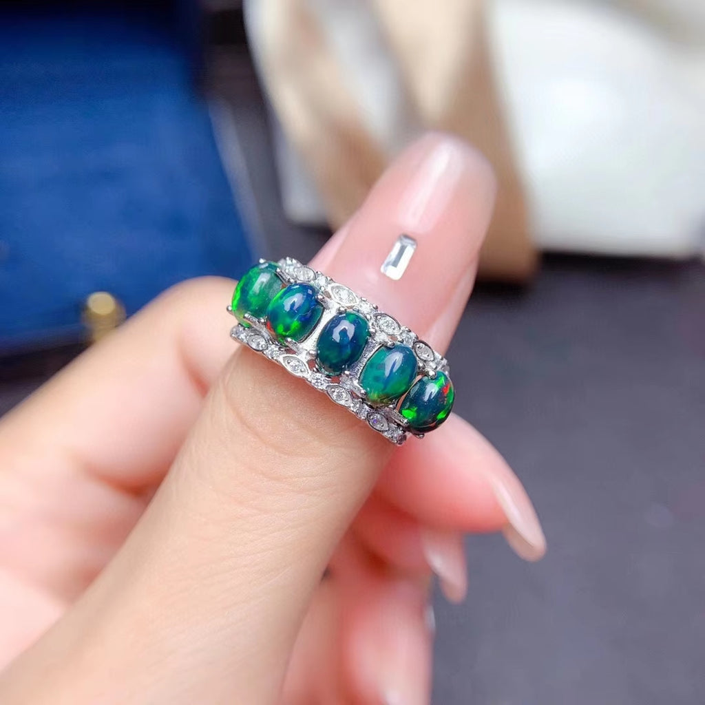 Black Opal Band Ring, Australian Fire Opal Statement Ring Sterling Silver