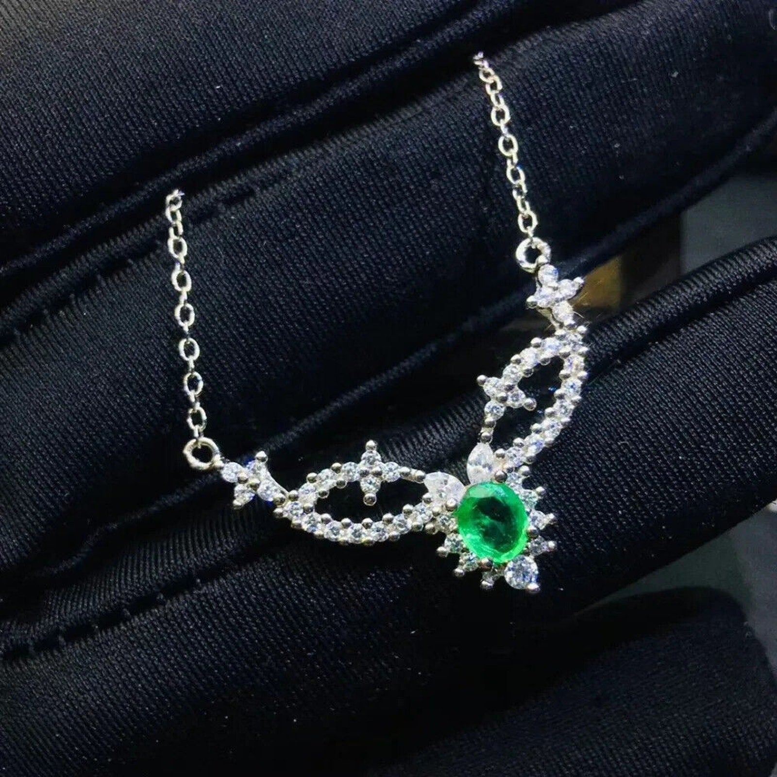 Natural Emerald Clavicle Chain Necklace, Genuine Emerald Chain Necklace 4x5mm