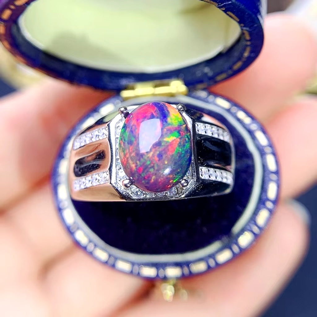 Men's Fire Opal Statement Ring, Black Fire Opal Ring Sterling Silver 7x9mm