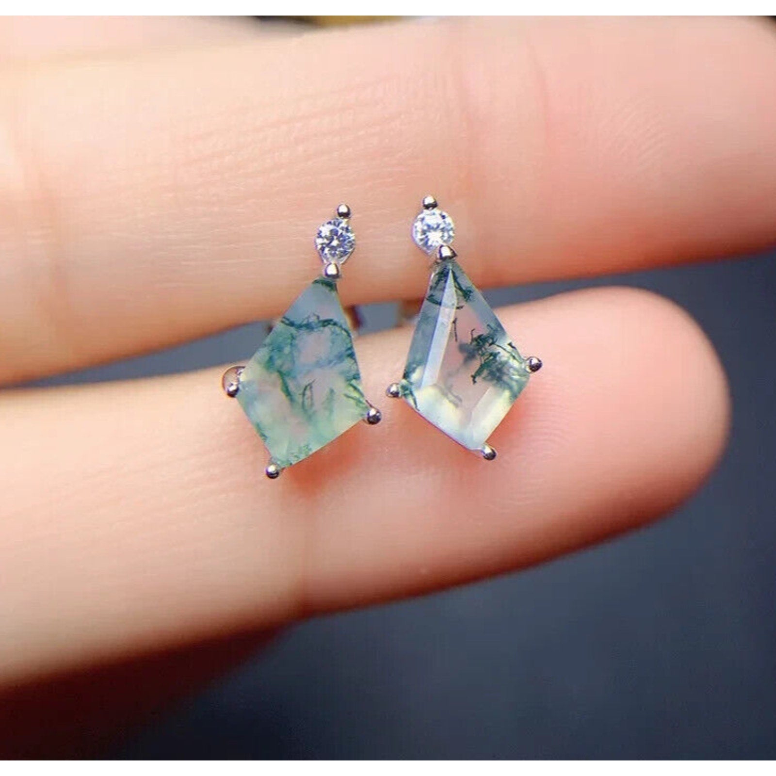 Natural Moss Agate Stud Earrings, Women's Moss Agate Jewelry Sterling Silver