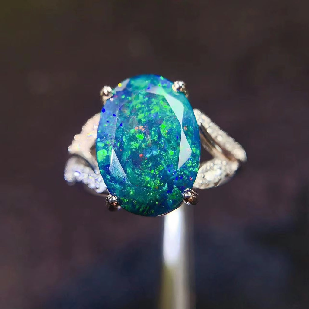 Natural Fire Opal Statement Ring, Black/ Blue Opal Ring ,Natural Fire Opal