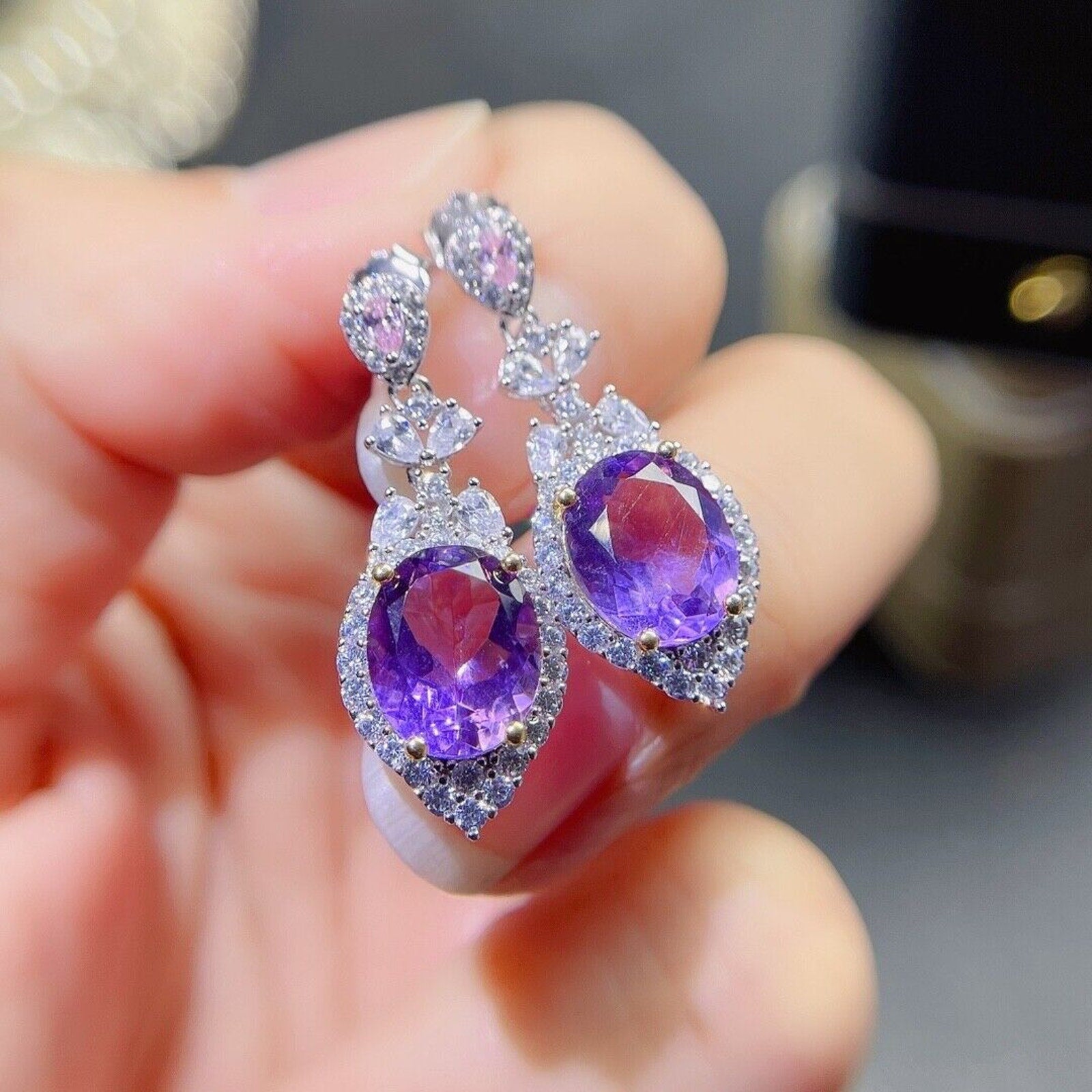 8x10mm Genuine Amethyst Drop Dangle Earrings, Oval Cut Amethyst Earrings