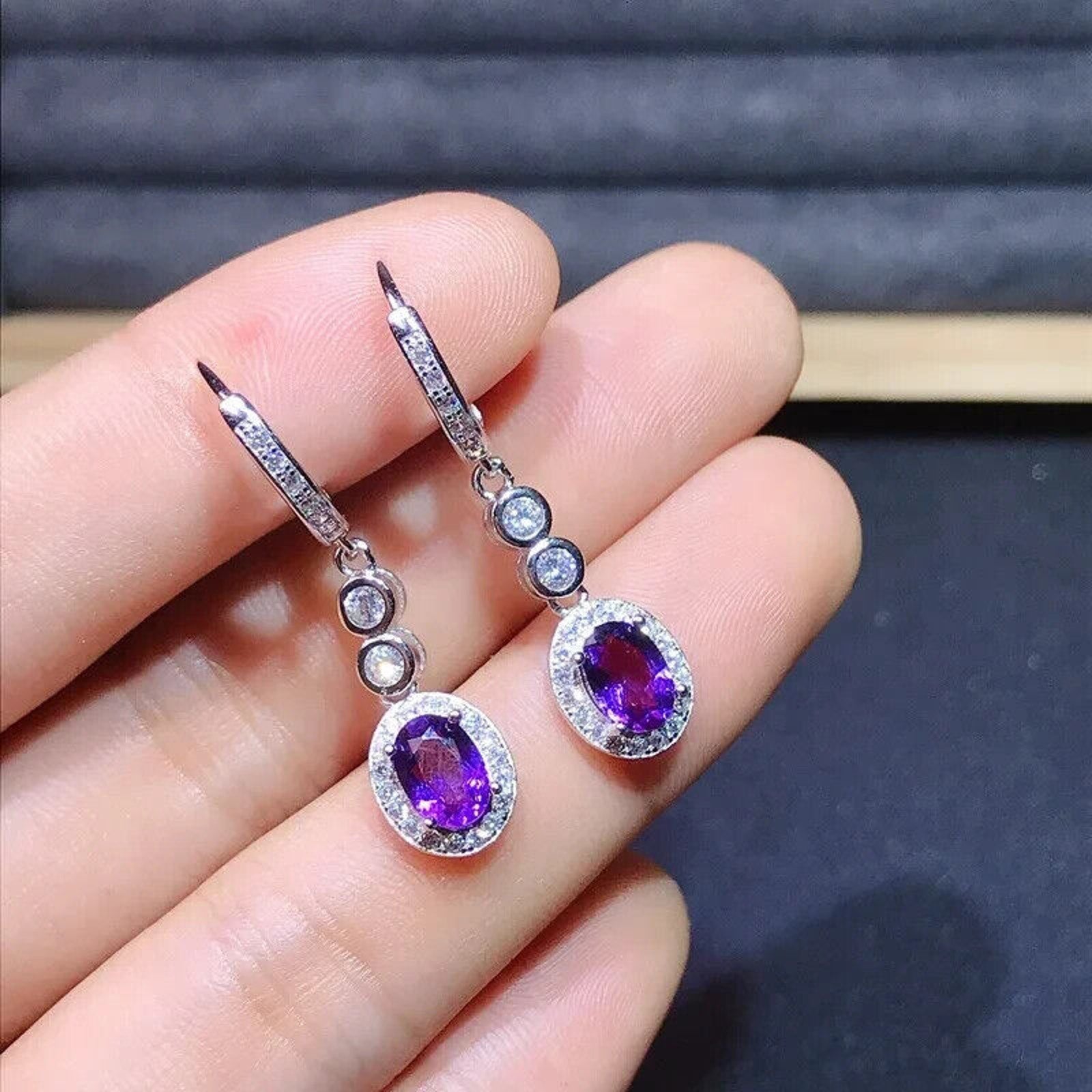 Purple Amethyst Long Dangle Earrings, Natural Purple Amethyst Long Earrings