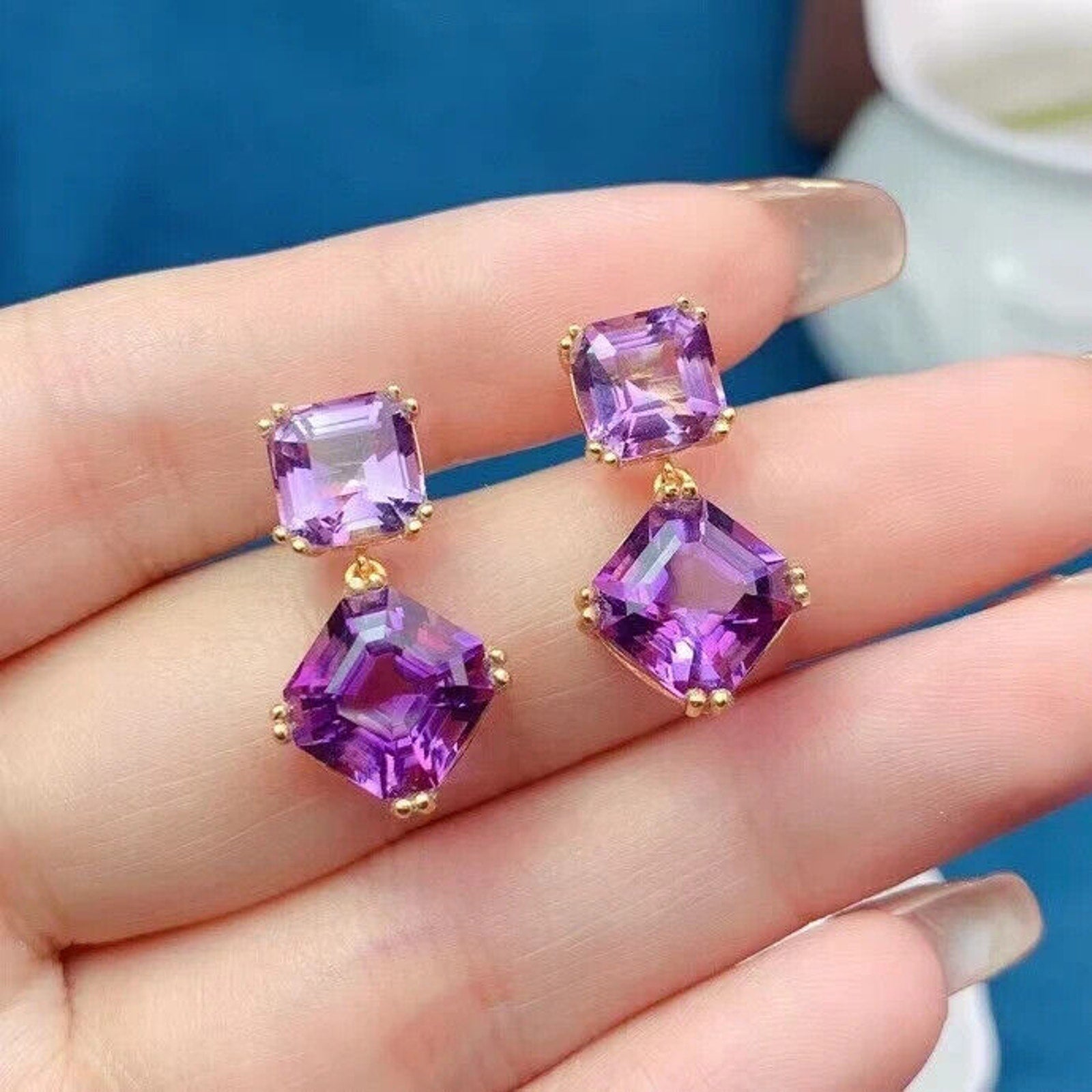 Amethyst Dangle Earrings 10mm Platinum Plated, Purple Amethyst Earrings