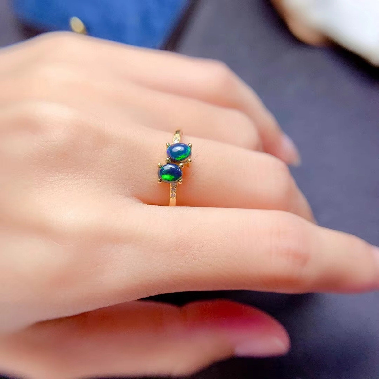 Colorful Fire Opal Statement Ring, Natural Black Fire Opal Ring Sterling Silver