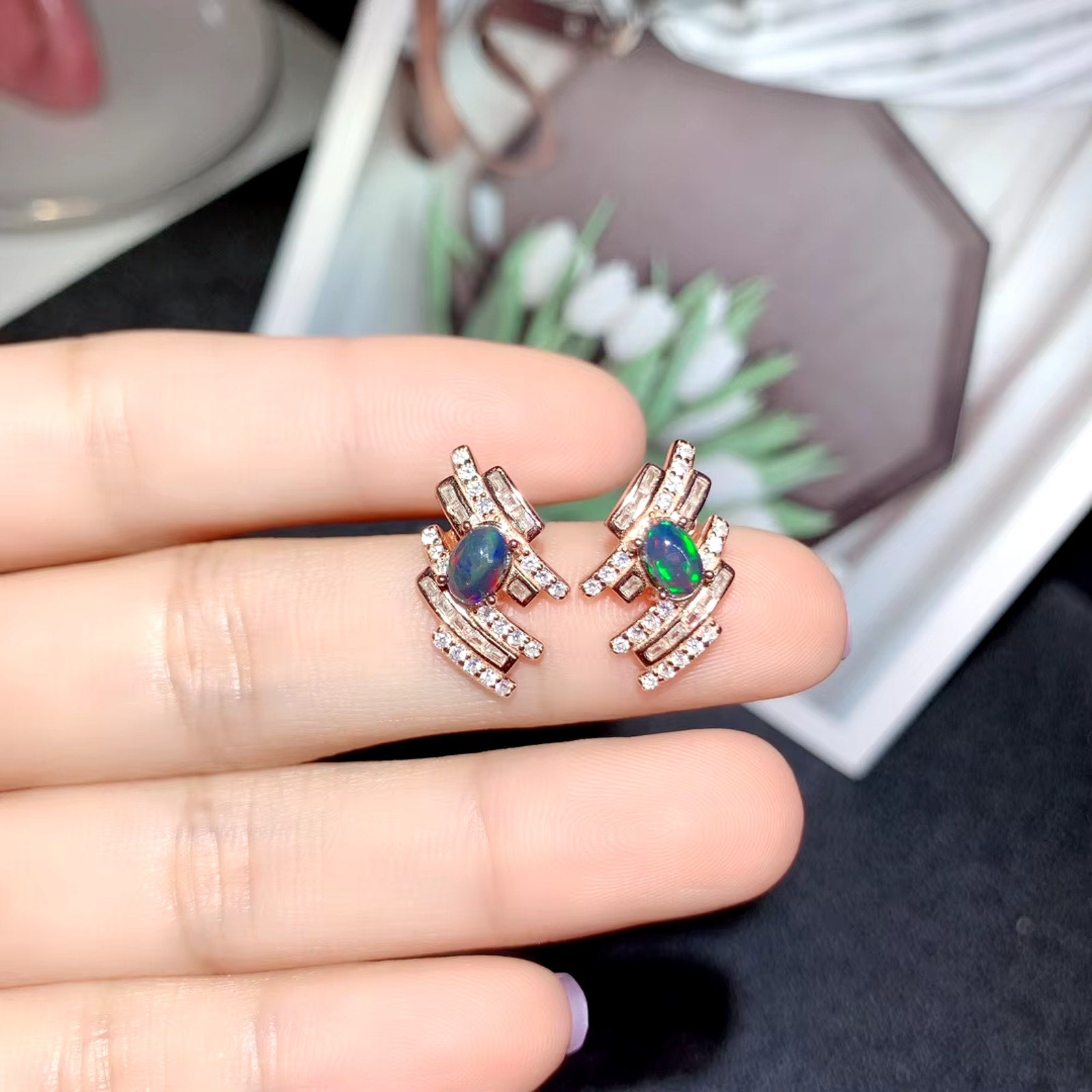 Black Fire Opal Stud Earrings, Natural Fire Opal Earrings 925 Sterling Silver