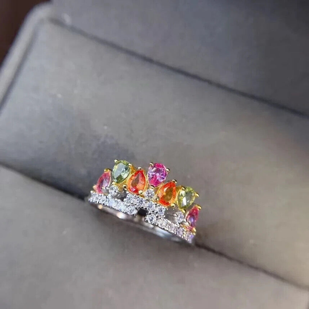 Natural Sapphire Colorful Crown Ring, Sapphire Ring