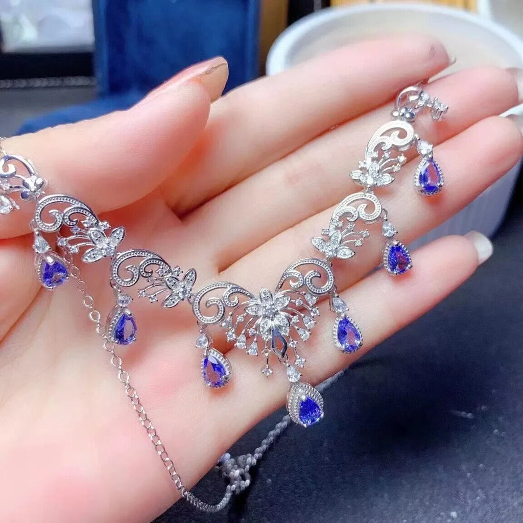 Natural Purple Tanzanite Statement Necklace 4x6mm 925 Sterling Silver, Tanzanite