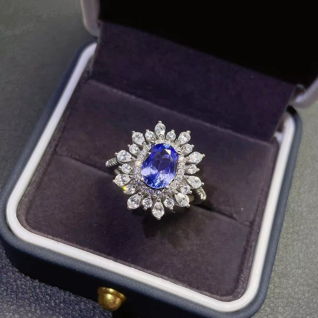 Tanzanite Ring, Natural Tanzanite Cluster Ring, Purple Tanzanite Ring 6x8mm