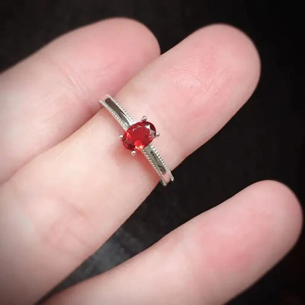 Dainty Red Garnet Cocktail Ring 4x6mm Platinum Plated Sterling Silver