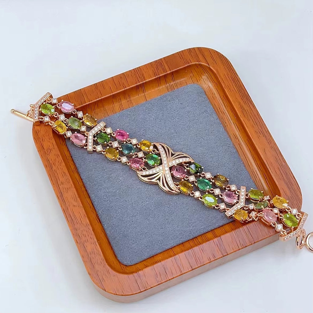 Multicolor Tourmaline Rose Gold Bracelet, Brazilian Tourmaline Tennis Bracelet