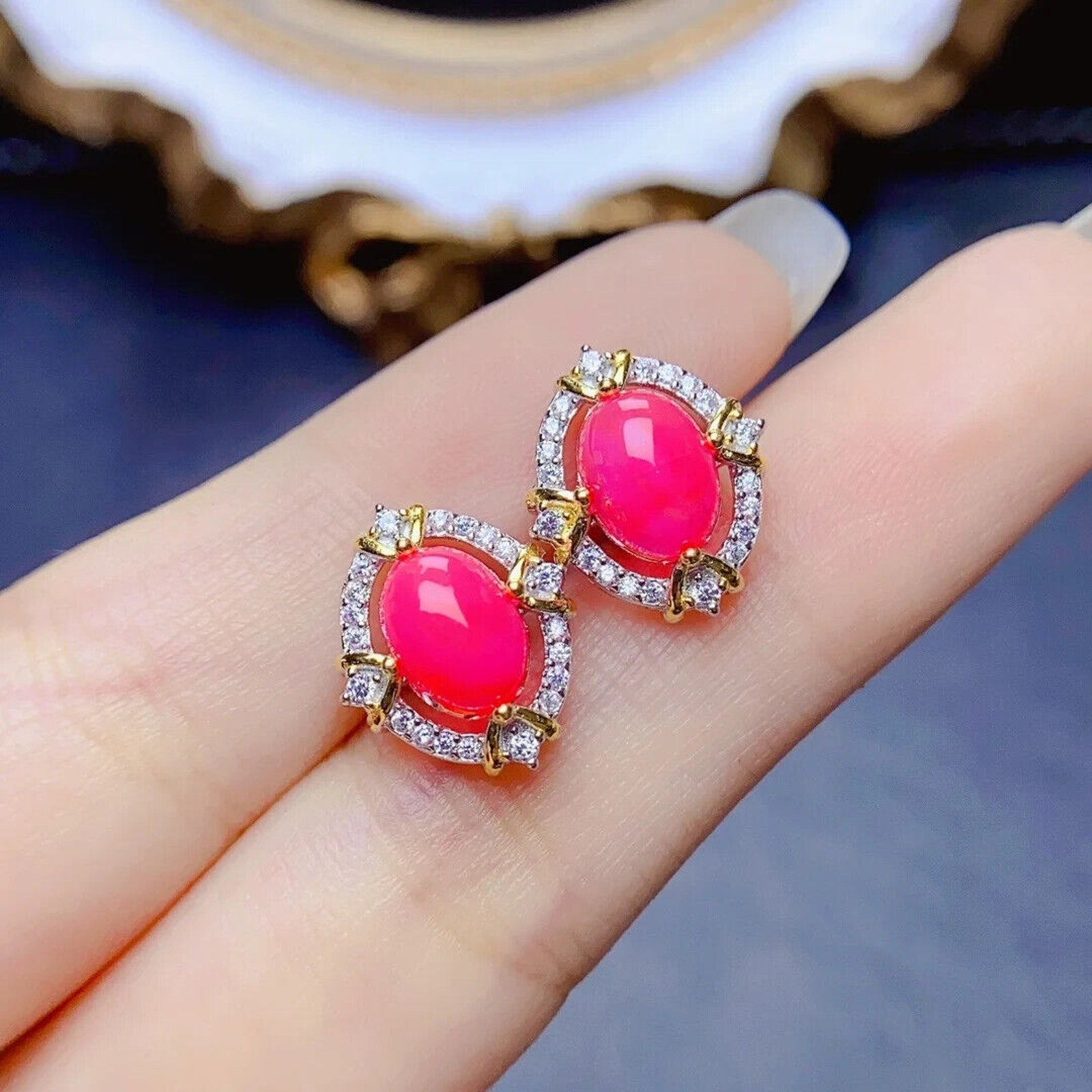 Pink Fire Opal Stud Earrings 6x8mm, Natural Pink Opal Earrings Sterling Silver