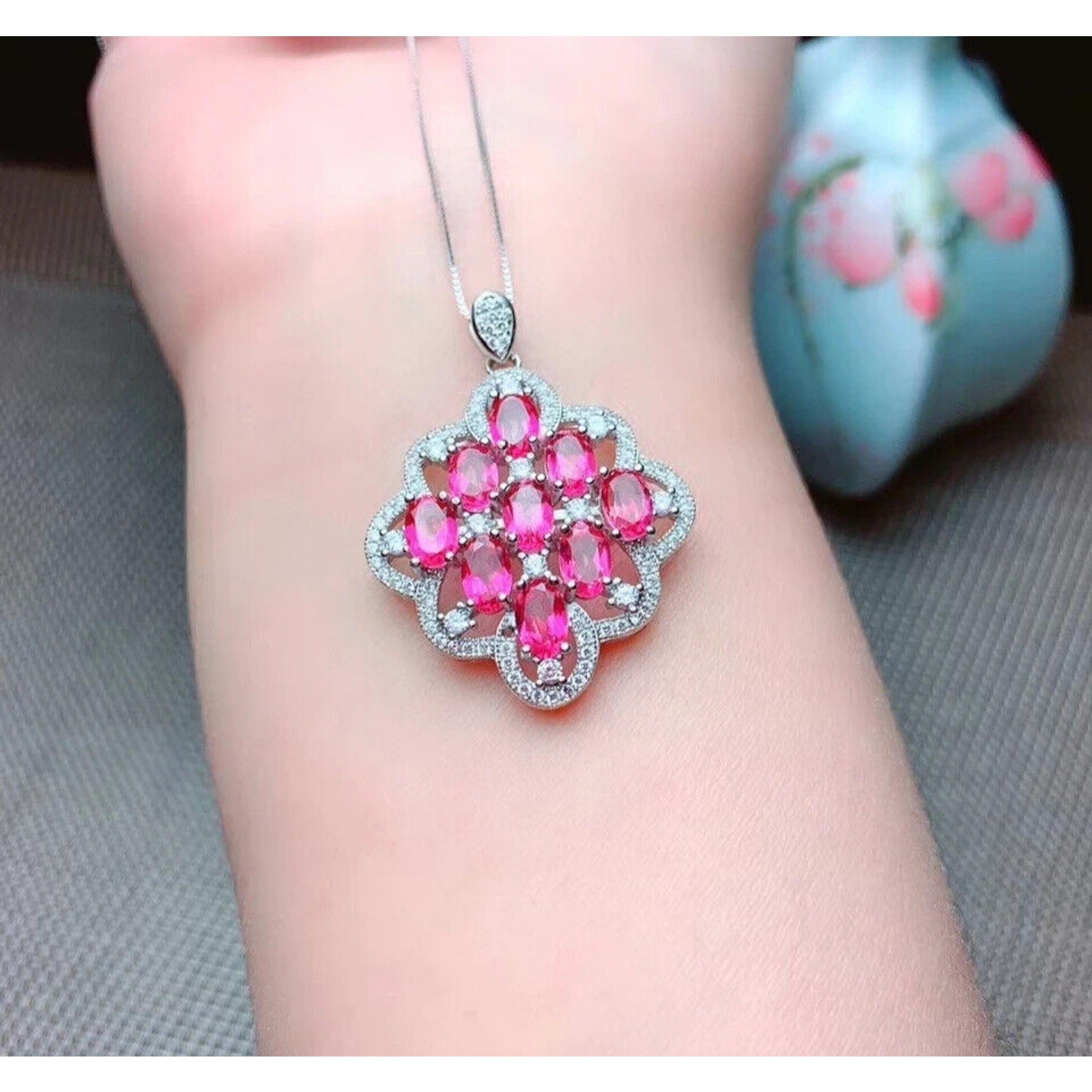 Pink Topaz Pendant Necklace, Natural Pink Topaz Gemstone Necklace Sterling