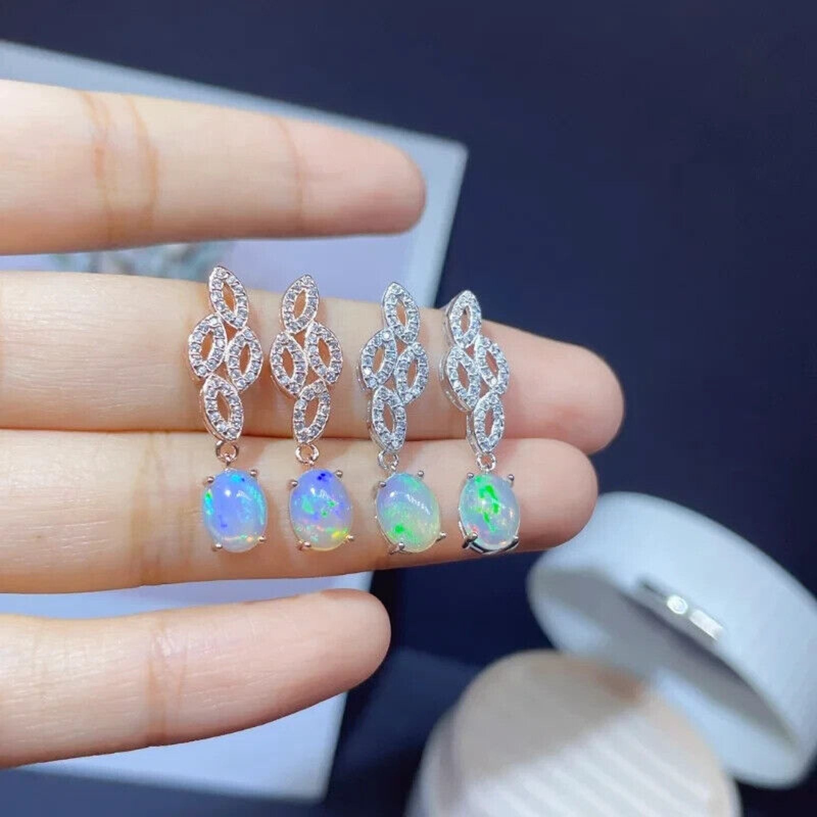 Natural Fire Opal Rose Gold Dangle Earrings, Colorful Fire Opal Earrings 6x8mm