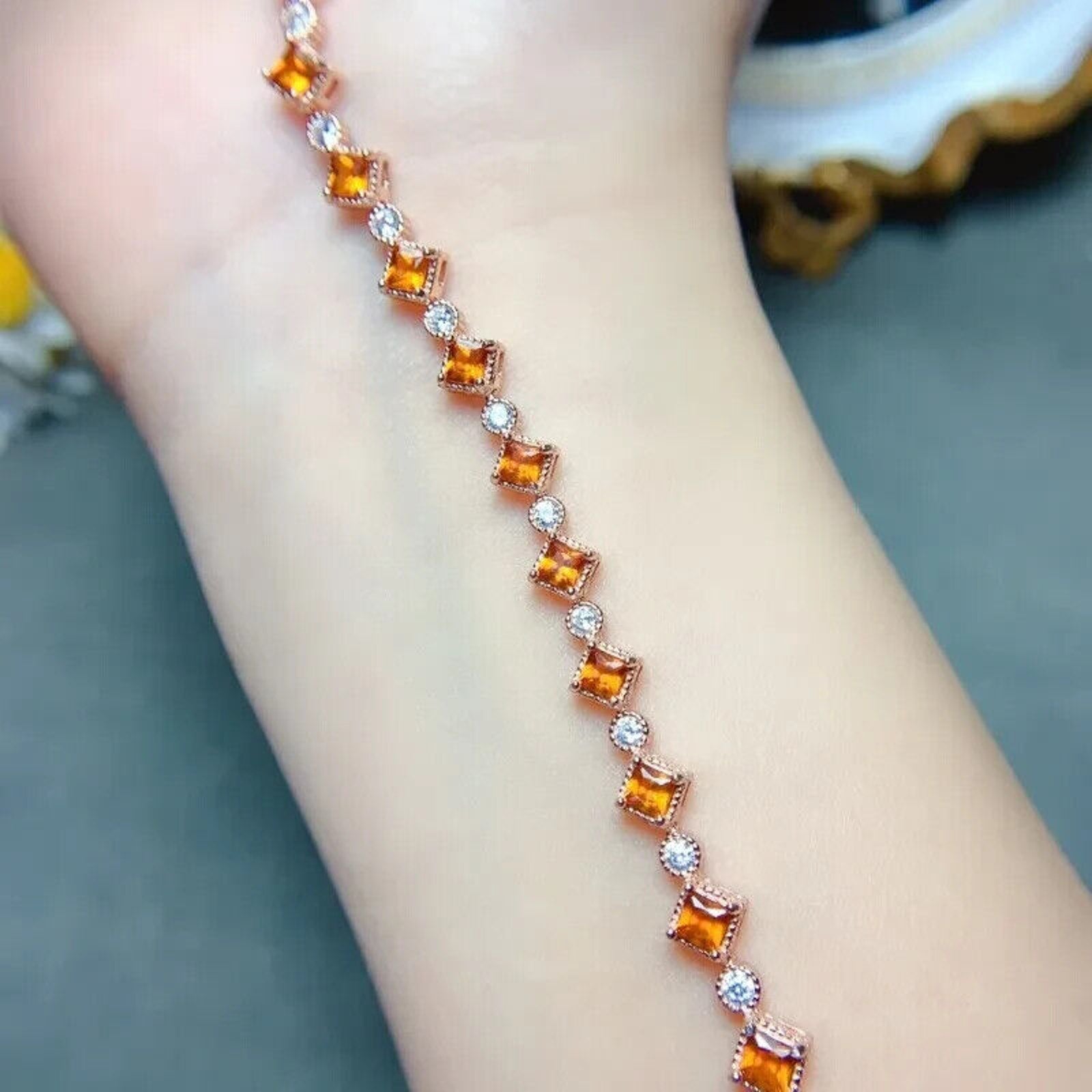 Natural Orange Garnet Tennis Bracelet 3mm, Square Cut Orange Garnet Bracelet
