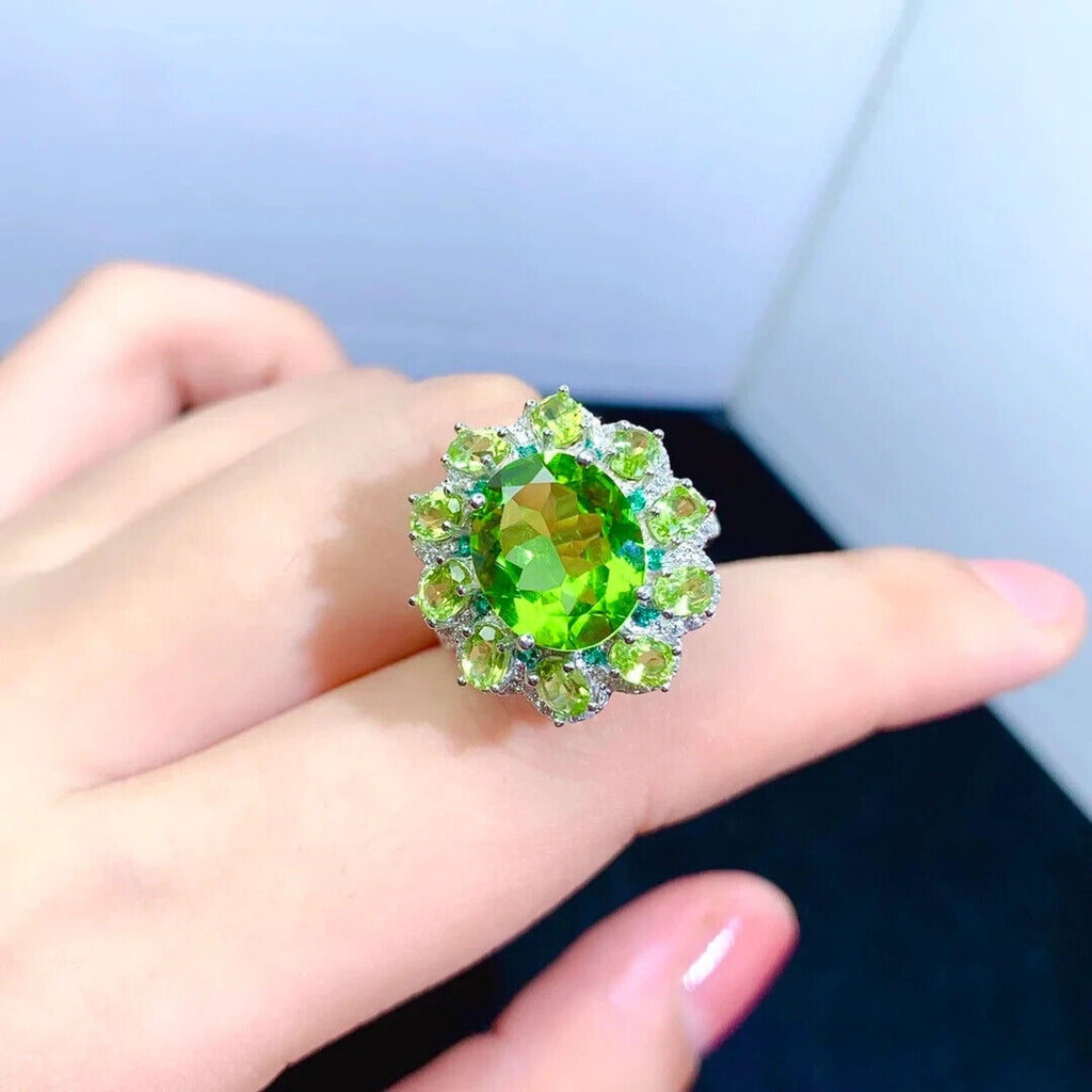 Natural Peridot Gemstone Ring 10x12mm, Large Peridot Cocktail Ring CZ