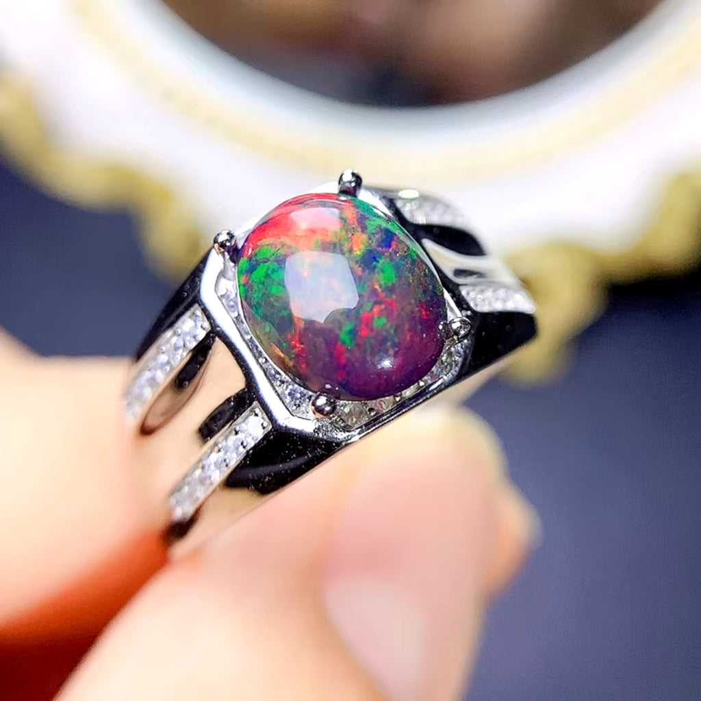 Men's Fire Opal Statement Ring, Black Fire Opal Ring Sterling Silver 7x9mm