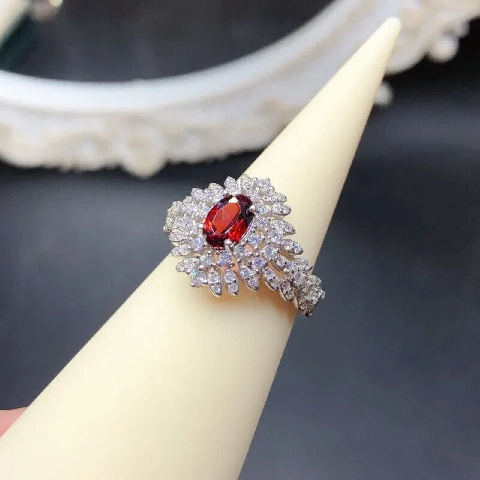 Red Garnet Cluster Statement Ring, Dazzing Red Garnet Cocktail Ring 925 Sterling