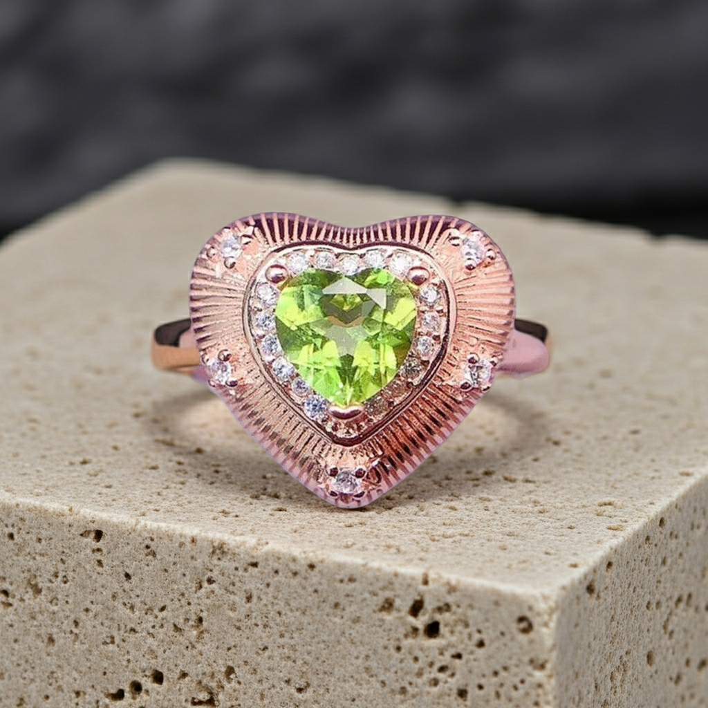 Natural Peridot Gemstone Heart Statement Ring 6mm, August Birthstone Peridot