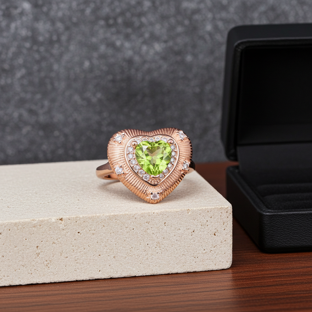 Natural Peridot Gemstone Heart Statement Ring 6mm, August Birthstone Peridot