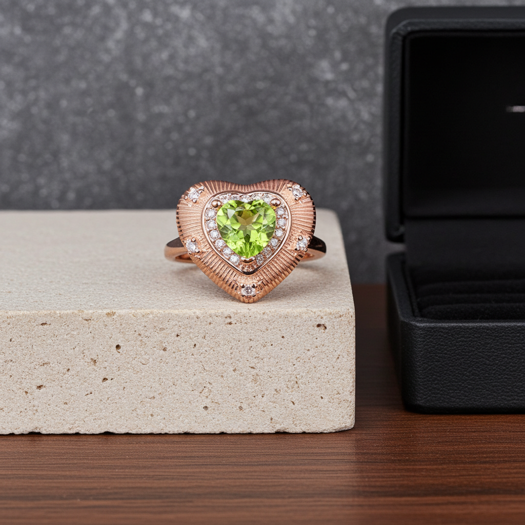 Natural Peridot Gemstone Heart Statement Ring 6mm, August Birthstone Peridot