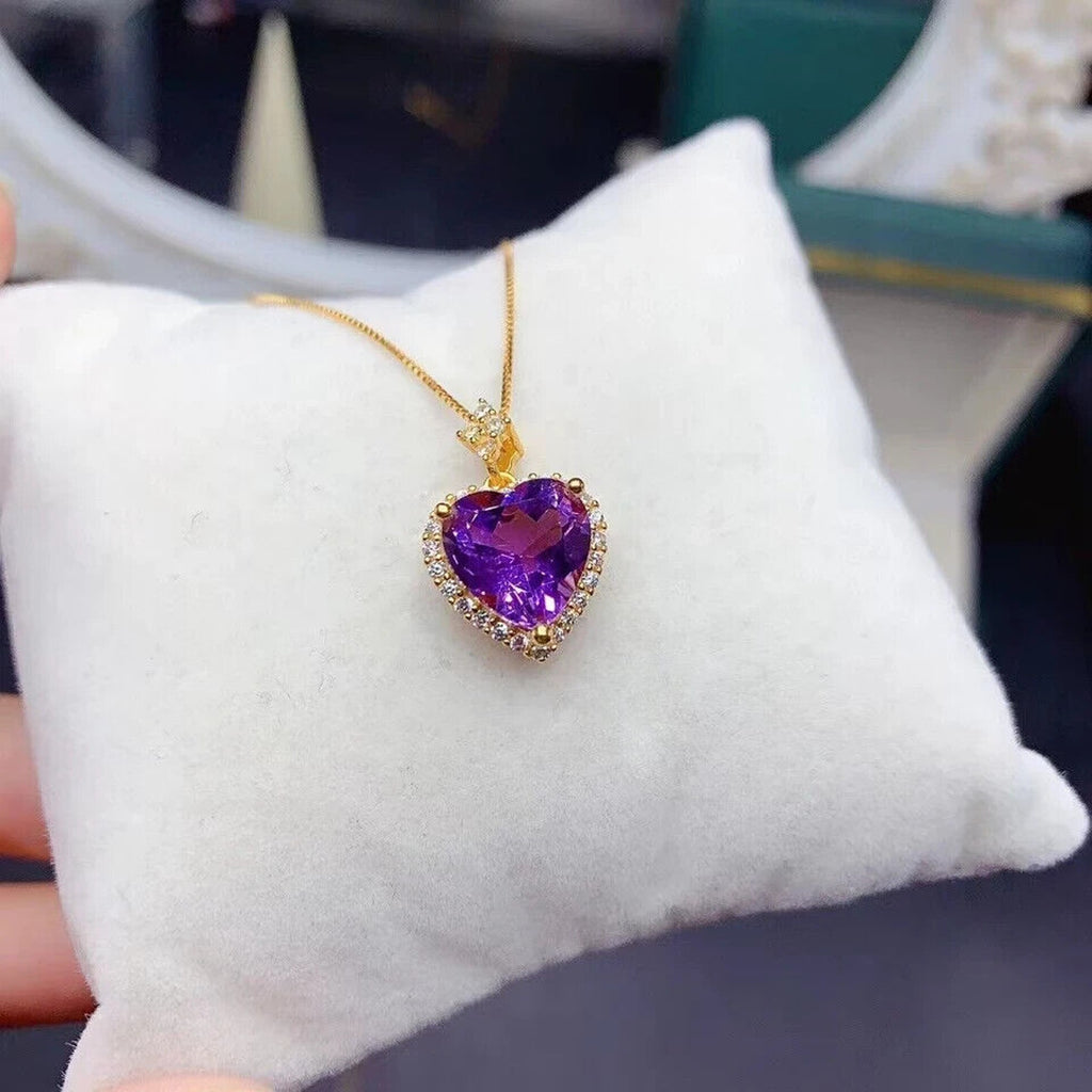 Natural Amethyst Heart Pendant Necklace, Amethyst Heart Necklace 8mm 925 Silver