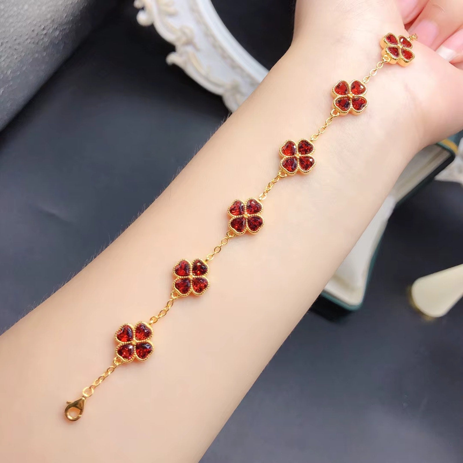 Red Garnet Clover Bracelet, Natural Garnet Gemstone Bracelet 4mm 925 Sterling