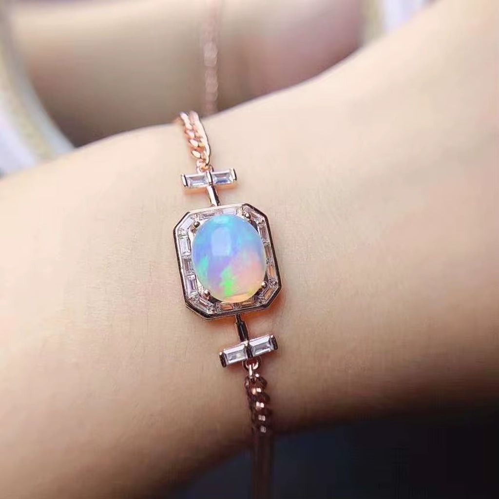 Large Fire Opal Charm Bracelet, Natural Fire Opal Bracelet 925 Sterling Silver