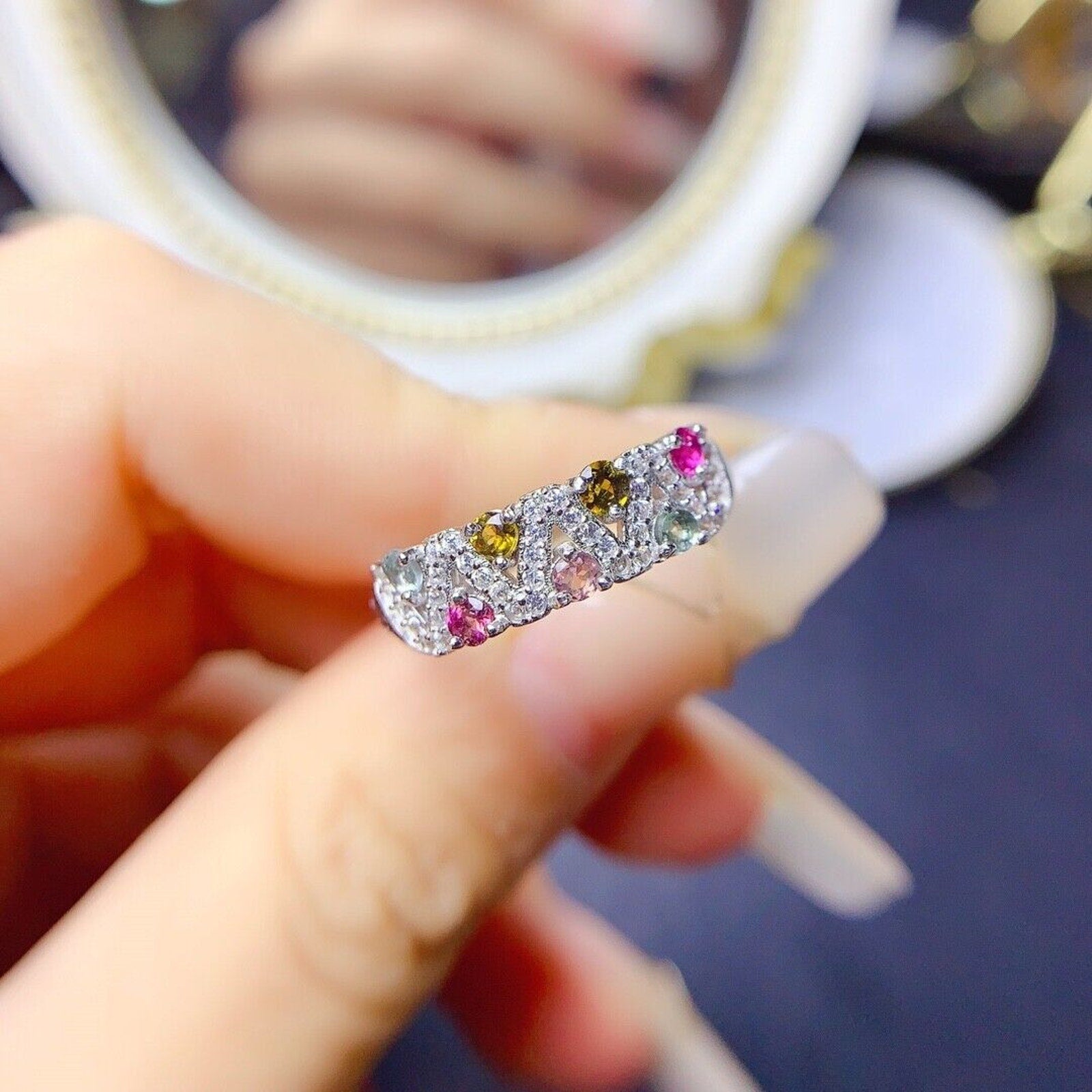 Natural Tourmaline Gemstone Band Ring, Women's Multicolor Tourmaline Ring