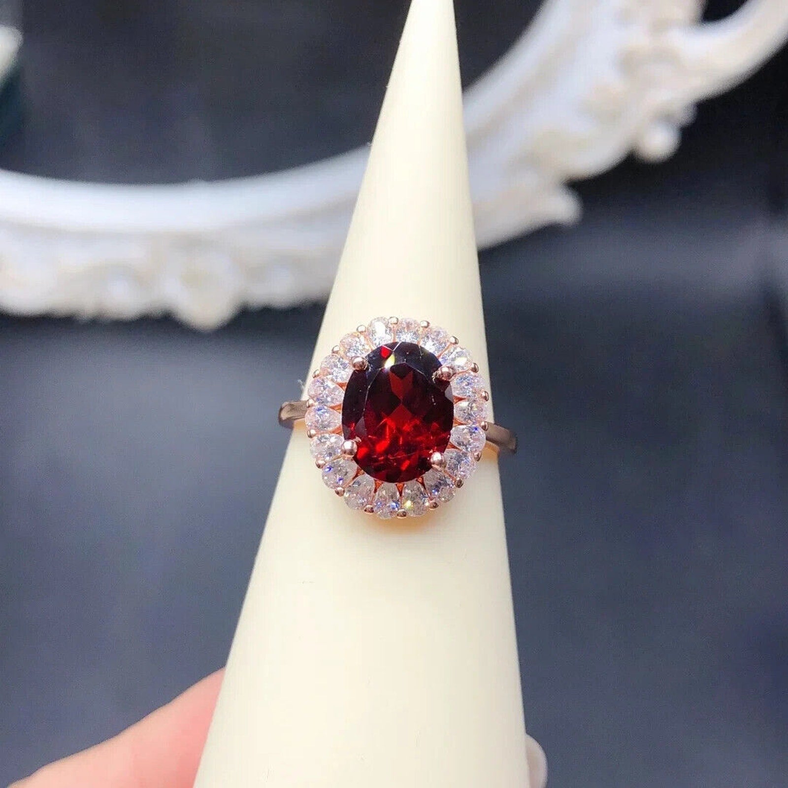 Red Garnet Cluster Statement Ring 8x10mm Platinum Pated Sterling Silver