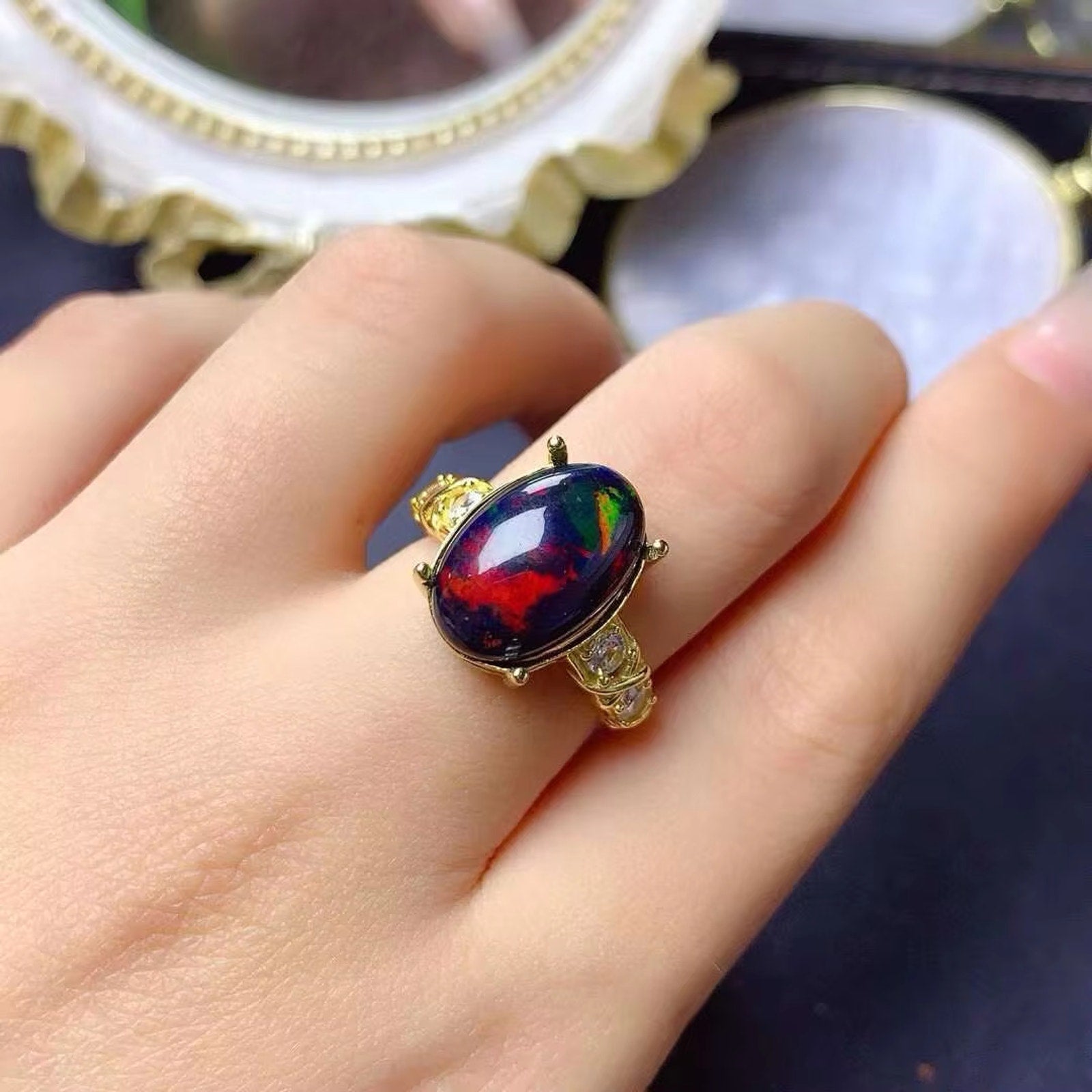 Black Opal Statement Ring, Australian Fire Opal Ring Sterling Silver 10x14mm