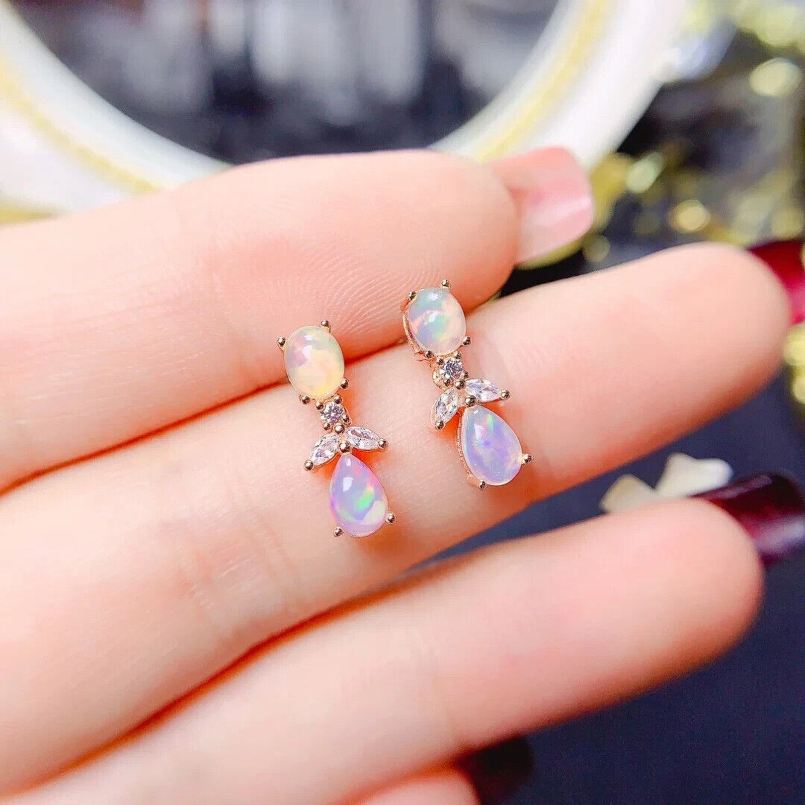 Elegant Opal Stud Earrings, Natural Fire Opal Drop Earrings 4x6mm