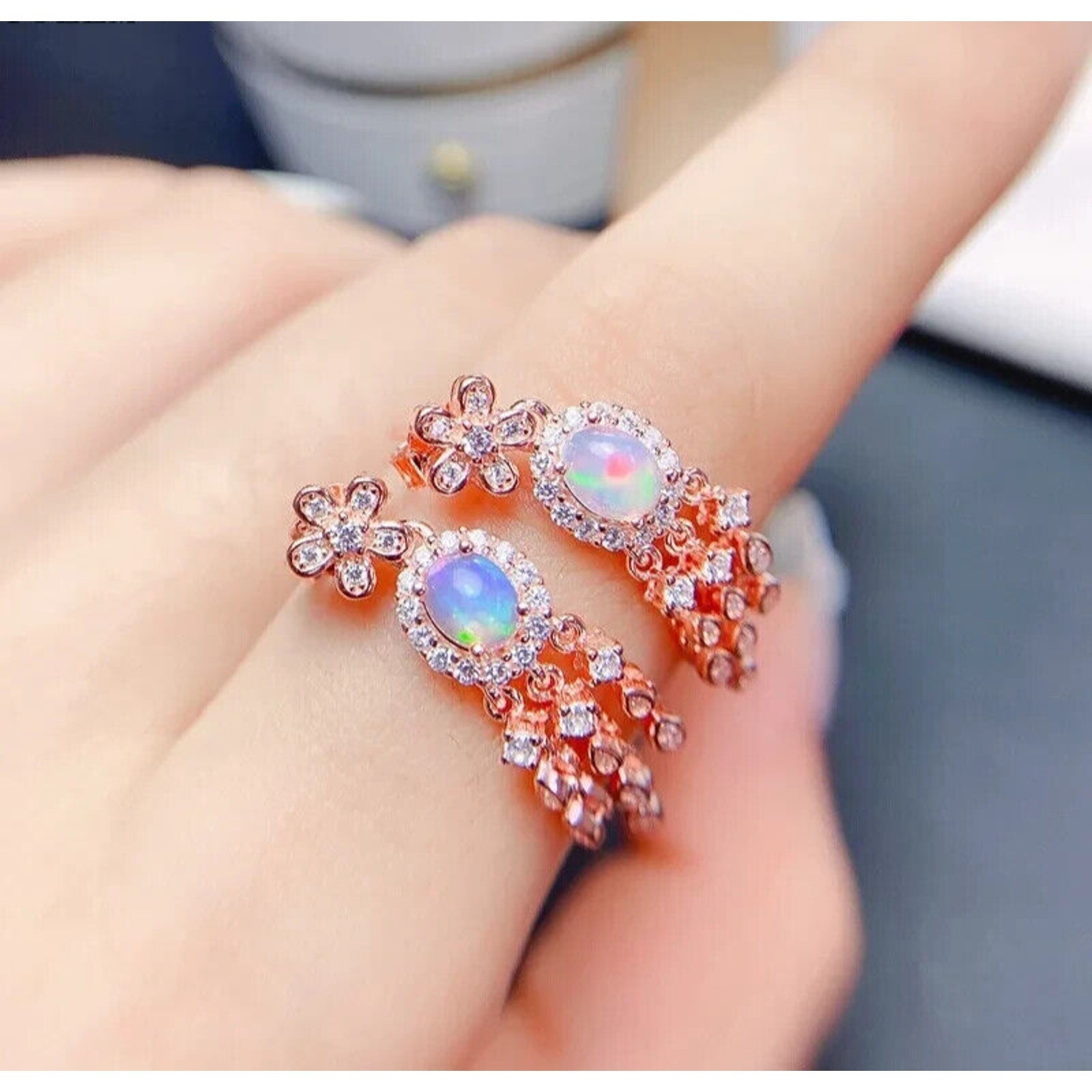 Natural Fire Opal Rose Gold Dangle Earrings, Dainty Opal Dangle Earrings 4x5mm