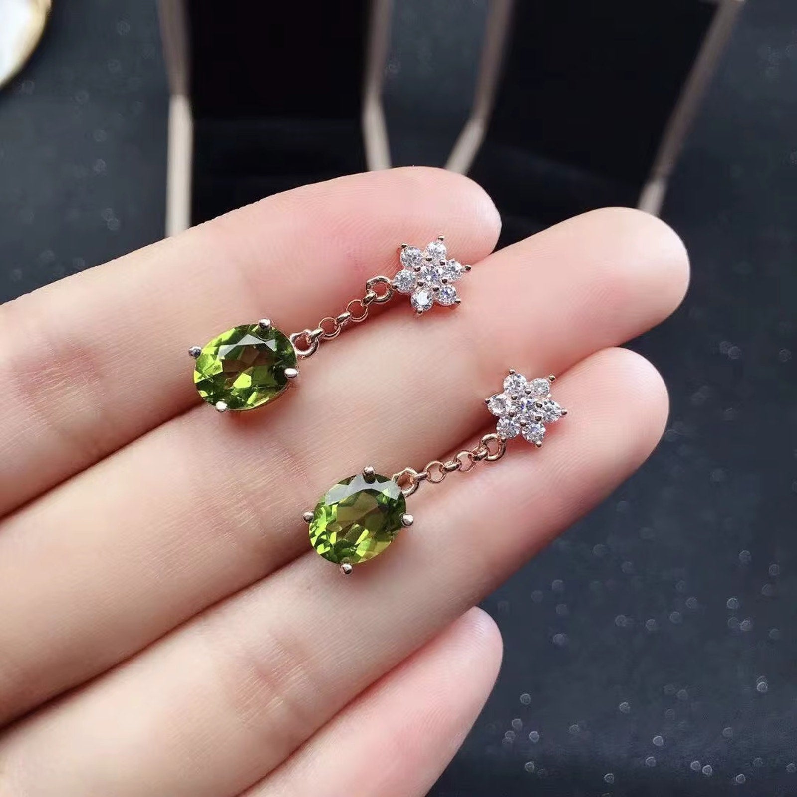 Natural Peridot Drop Dangle Earrings 925 Sterling Silver 6x8mm