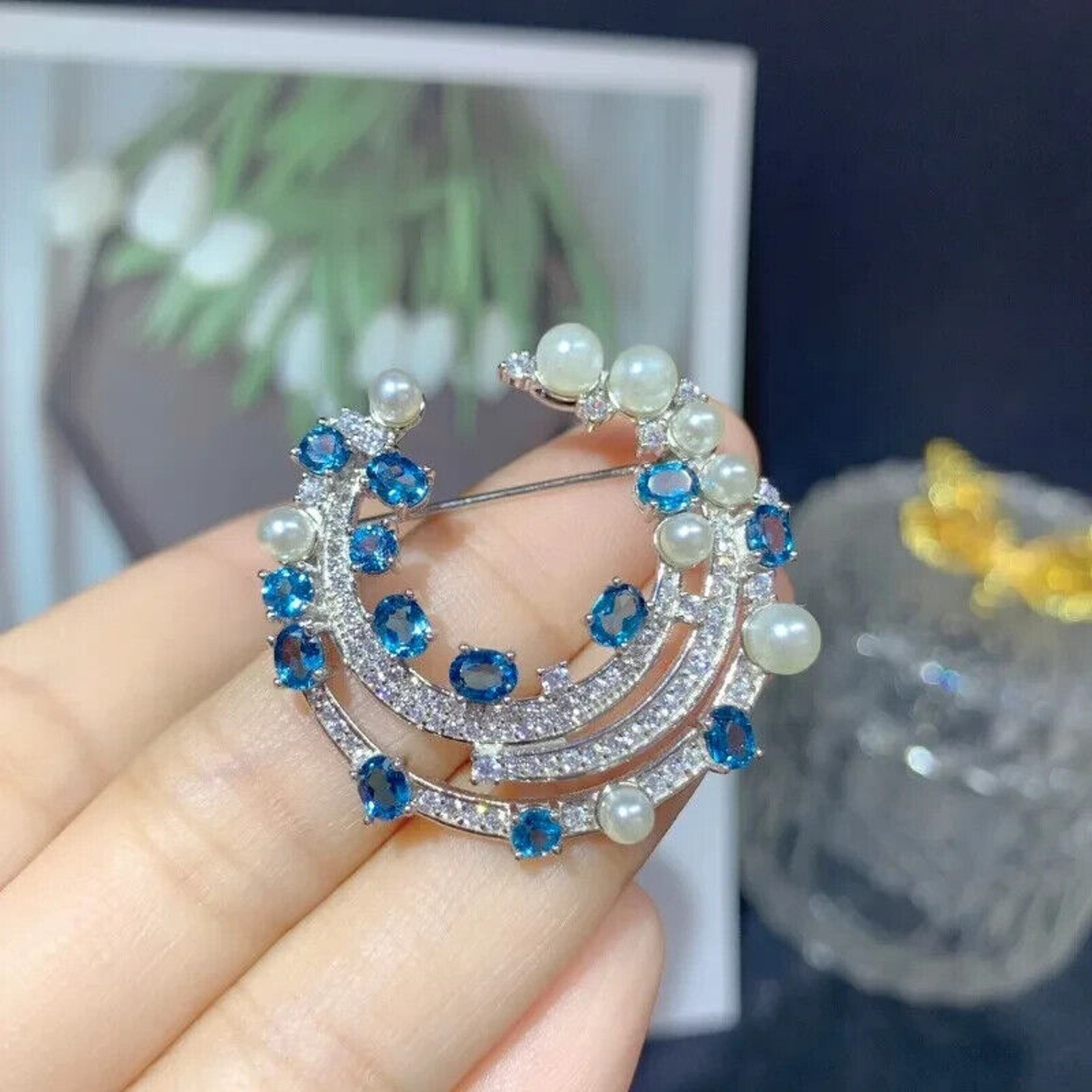 London Blue Topaz and Faux Pearl Brooch Pin, Blue Topaz Brooch Sterling Silver