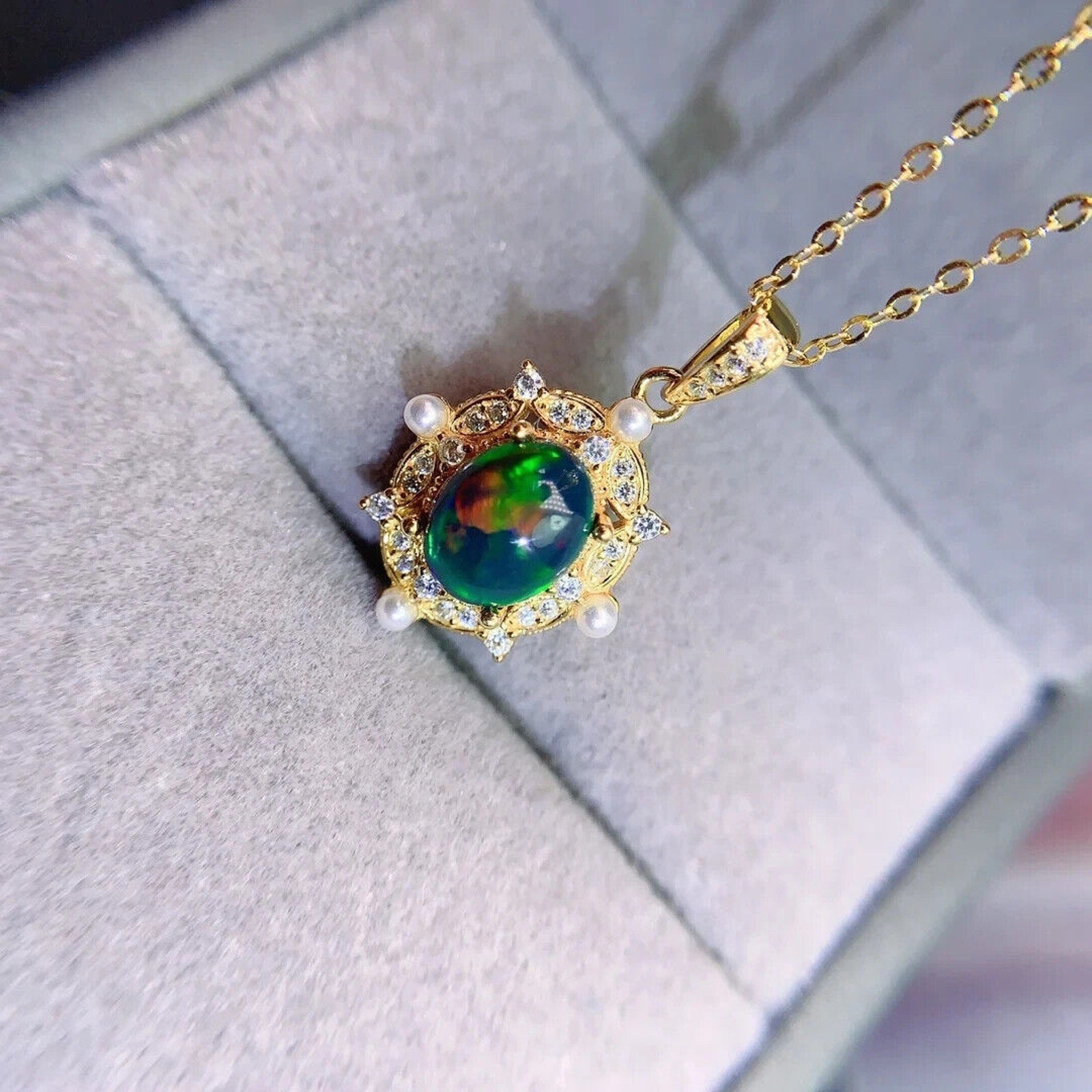 Black Fire Opal Nautical Pendant Necklace, Black Opal and Faux Pearl Necklace