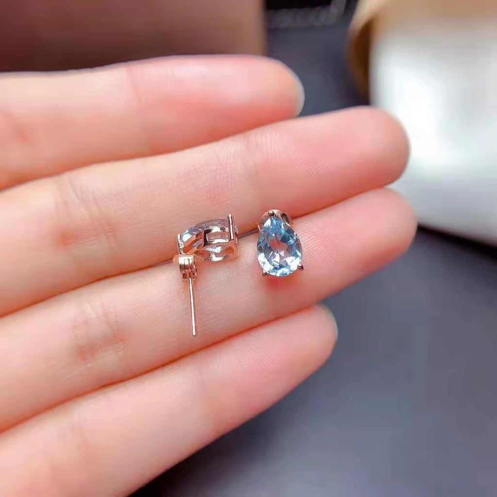 1CT Natural Aquamarine Pear Cut Stud Earrings, Aquamarine Earrings 925 Sterling