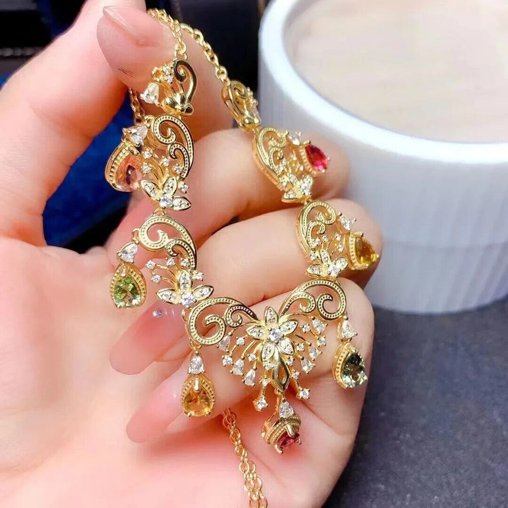 Natural Tourmaline Statement Necklace, Brazilian Tourmaline Necklace Sterling