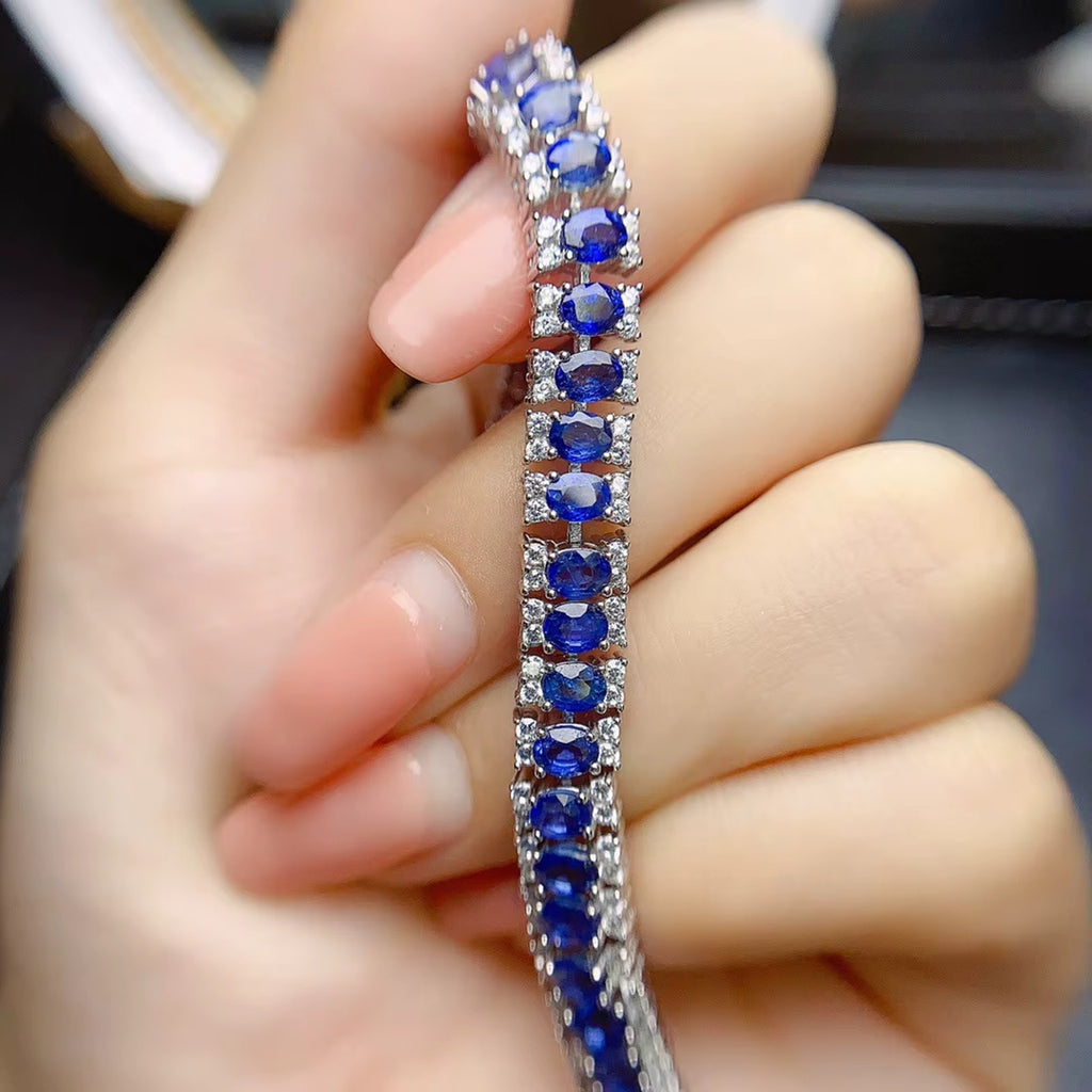 Natural Blue Sapphire Tennis Bracelet Platinum Plated Sterling Silver VVS Grade