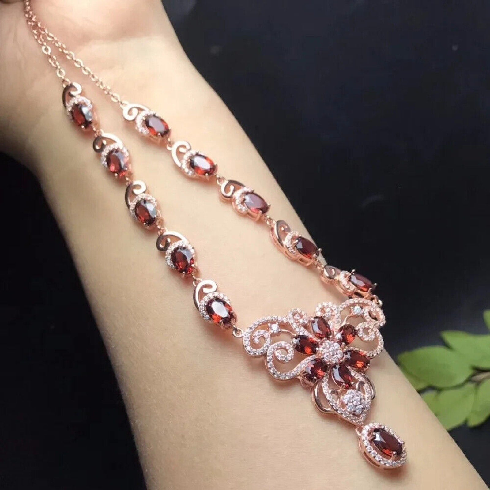 Red Garnet Flower Statement Necklace, Natural Garnet Gemstone Necklace 925