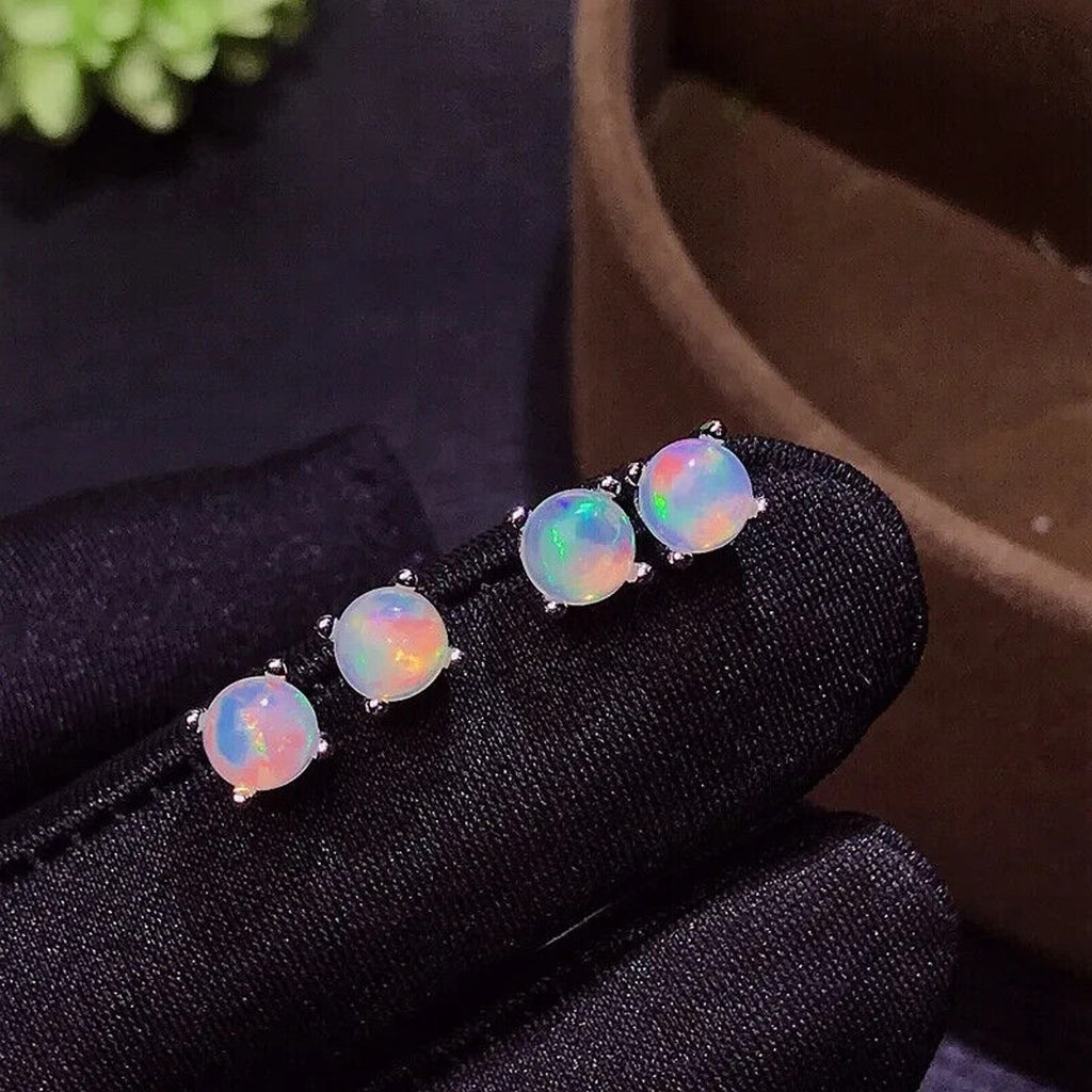 White Fire Opal Stud Earrings, Natural Opal 5x5mm Stud Earrings Sterling Silver