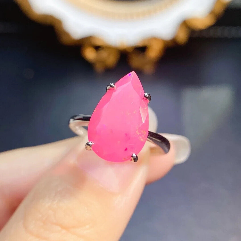 Pear Cut Pink Opal Ring 10x16mm, Pink Fire Opal Statement Ring Sterling Silver