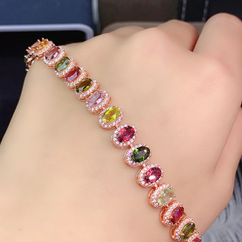 Watermelon Tourmaline 925 Sterling Silver Bracelet, Tourmaline Bracelet CZ