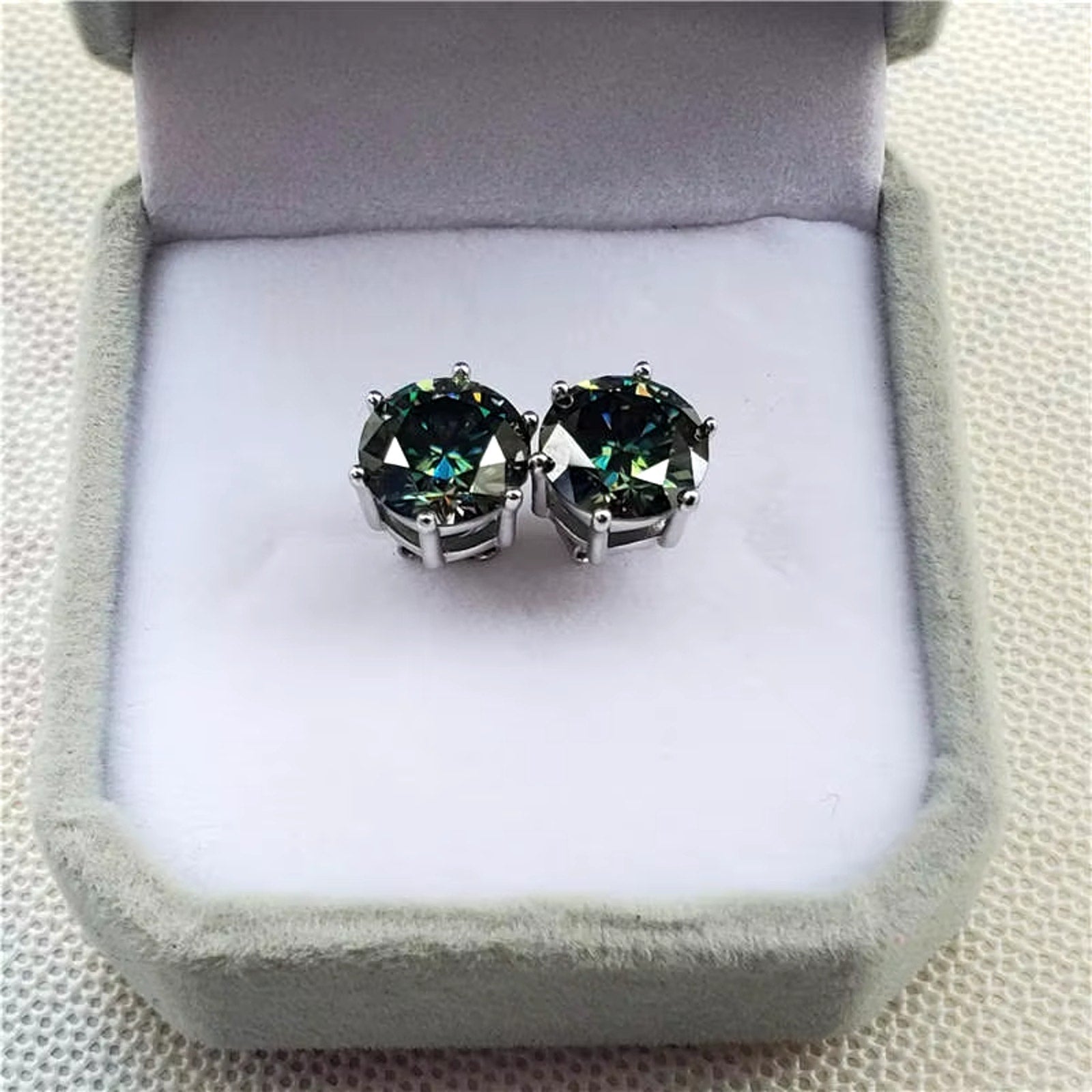 3CT Green Moissanite Earrings, VVS1 Round Brilliant Cut Moissanite Stud Earrings